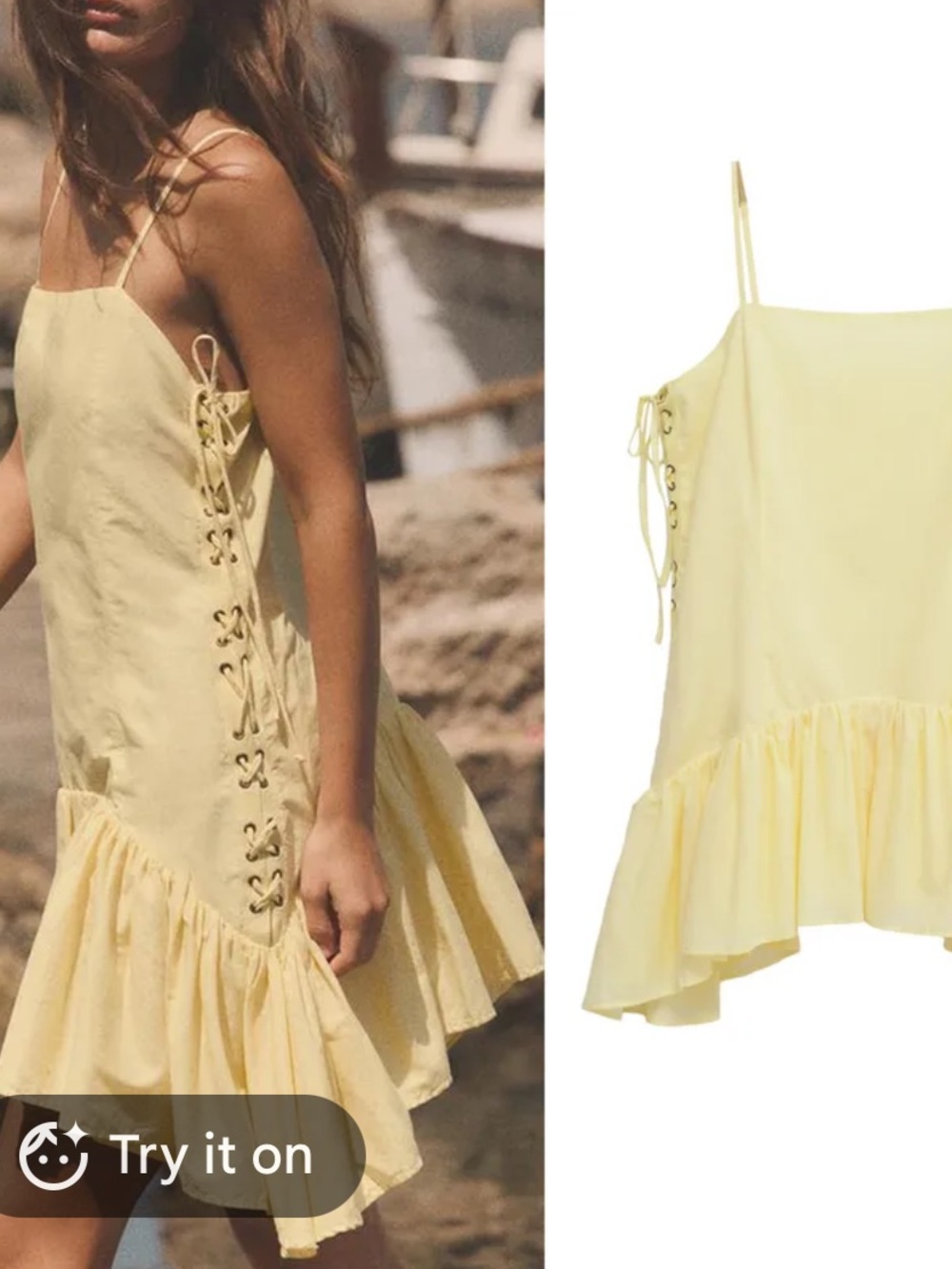Zara Yellow Lace-Up Ruffle-Hem Sundress